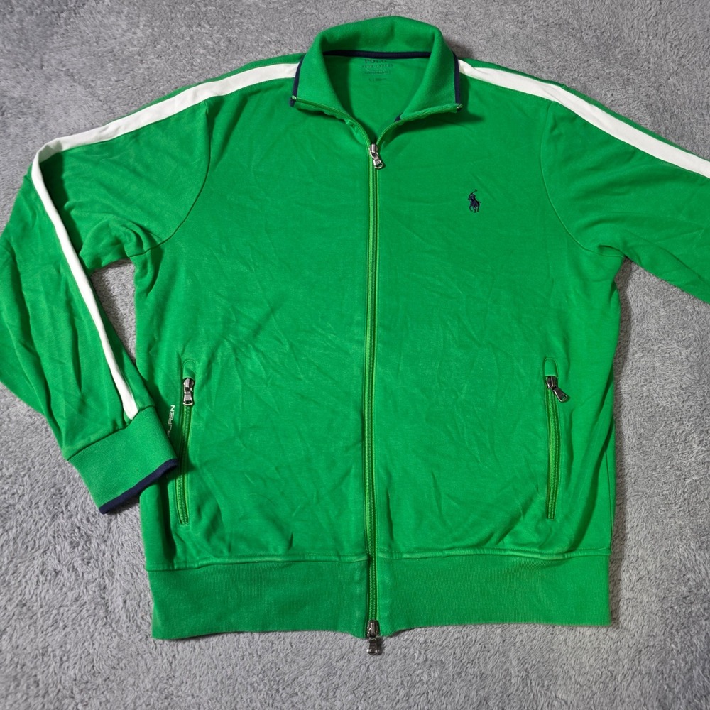 Polo Ralph Lauren Mens L Track Jacket Green White Racing Stripe Performance Zip